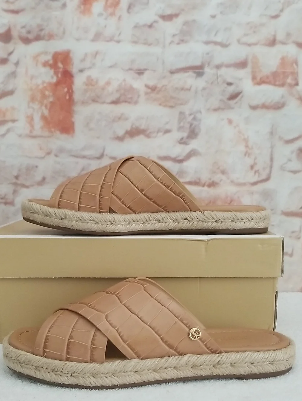 Michael Kors Tan Croc-Embossed Slide Sandals